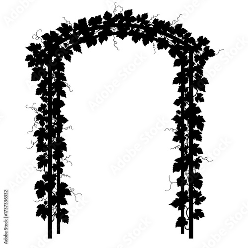 Decorative silhouette of an archway covered in climbing vines and leaves silhouette flat design vector illustration white background