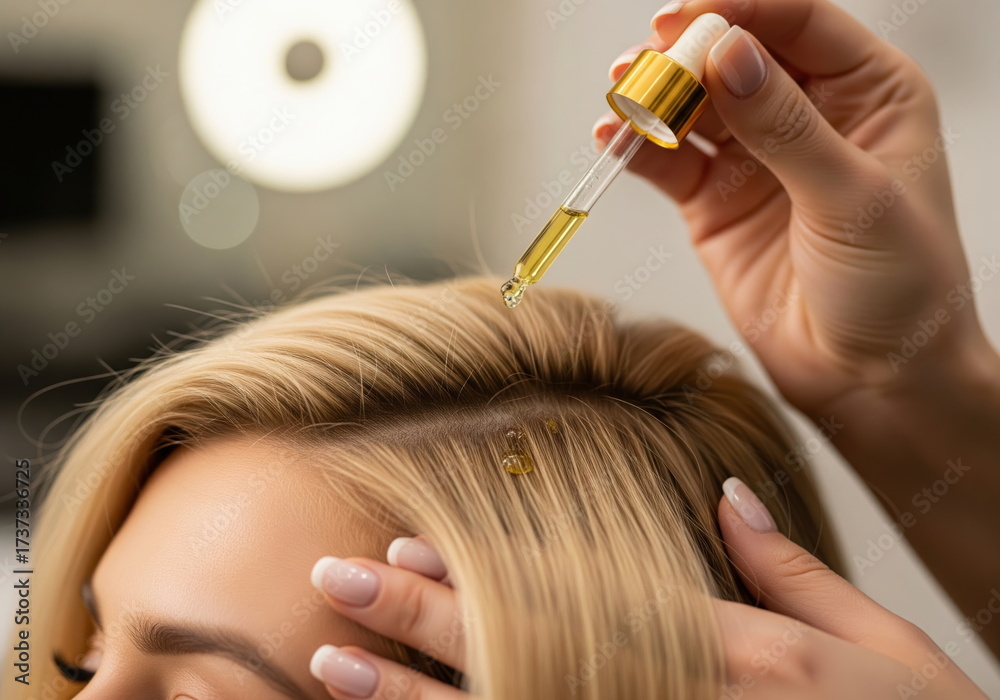 Fototapeta premium Hair Care Therapy: A skilled esthetician meticulously applies nourishing hair oil to the scalp of a client with exquisite care and precision, embodying beauty and wellness.