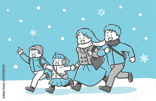 雪の中お出かけする子ども連れの家族の2色イラスト	