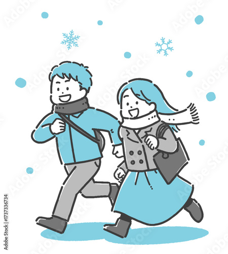 雪の中お出かけする若い冬服の男女の2色イラスト