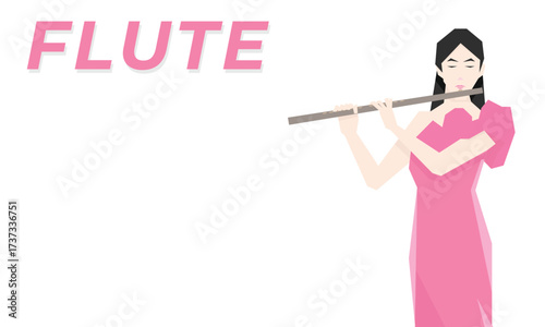 Isometric Woman plays the flute. Flute woodwind orchestral instrument. Flat Background.