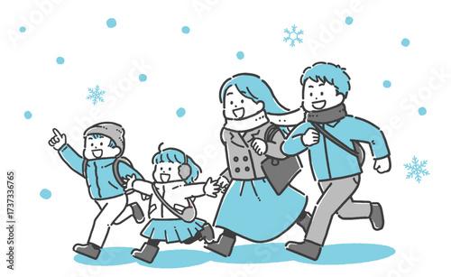雪の中お出かけする子ども連れの家族の2色イラスト	
