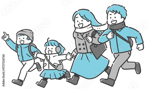 鞄を持ち、走ってお出かけする子ども連れの冬服の家族の2色イラスト