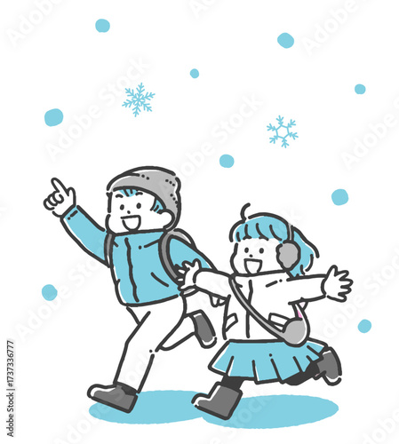 雪の中お出かけする冬服の子どもたちの2色イラスト	