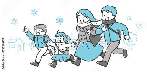 雪の中、町へお出かけする家族のイラスト