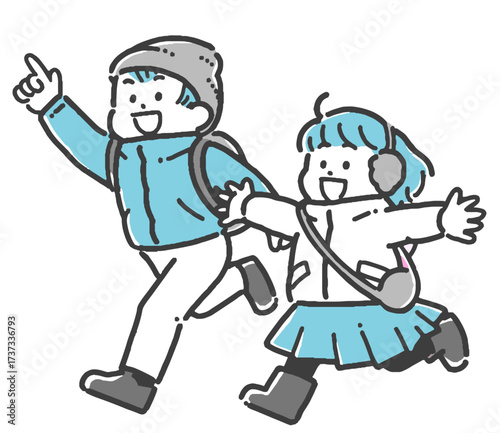 鞄を持ち、走ってお出かけする冬服の子どもたちの2色イラスト