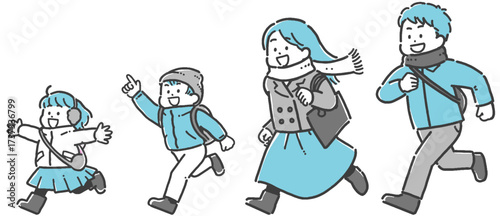 鞄を持ち、走ってお出かけする子ども連れの冬服の家族の2色イラストセット
