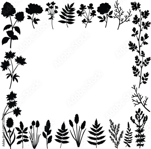 Elegant botanical border silhouette decorative frame with flowers leaves and branches for design projects silhouette flat design vector illustration white background