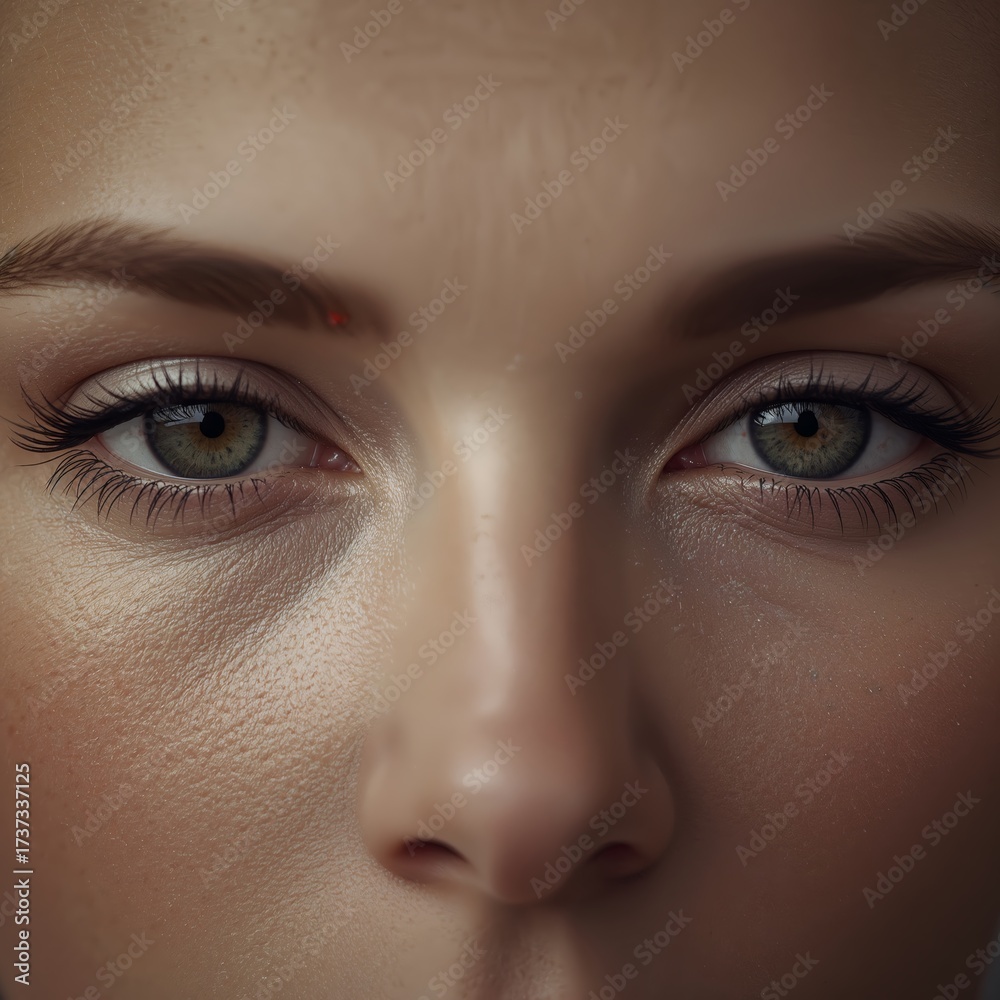 Obraz premium Intense Gaze: A close-up portrait focuses on a woman's captivating green eyes, with subtle details revealing texture and natural beauty. The shallow depth of field blurs the background.