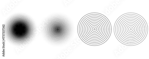 Black concentric circle set. Sonar or sound wave ring collection. Dotted and linear epicentre, target, radar icon concept. Ripple radial signal or vibration elements. Vector line and halftone symbols