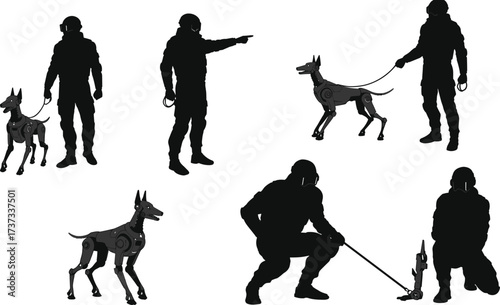 Robotic dog silhouettes, human with robot dog, futuristic technology, tactical gear, cyber canine,