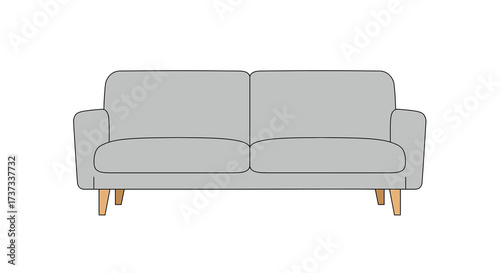 Minimalist Two-Seater Sofa with Light Gray Upholstery and Wooden Legs.