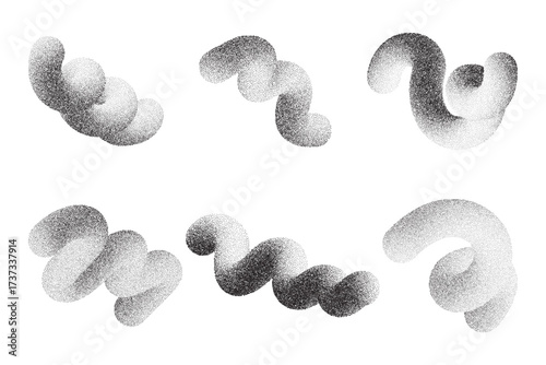 Gradient stipple shapes. 3D wavy vector lines. Noisy fluid graphic design. Swirl grainy dotted spirals on white background. Sandy twisted textured set of trendy gritty illustrations