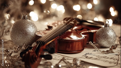 Christmas violin with bauble decor, sheet music, festive bokeh background, close up, copy space