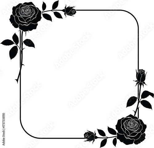 Elegant square floral frame with black roses for decorative borders and design elements silhouette flat design vector illustration white background