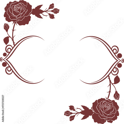 Ornate floral border design with roses and swirls decorative elements for invitations silhouette flat design vector illustration white background