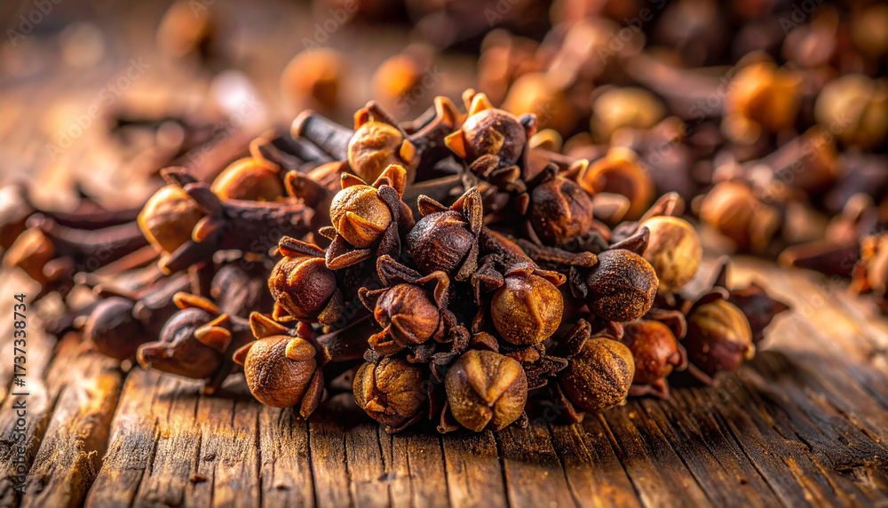 Obraz premium Aromatic Spice: Close-Up of Dried Cloves on Rustic Wood