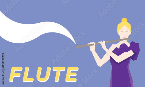 Isometric Woman plays the flute. Flute woodwind orchestral instrument. Flat Background.