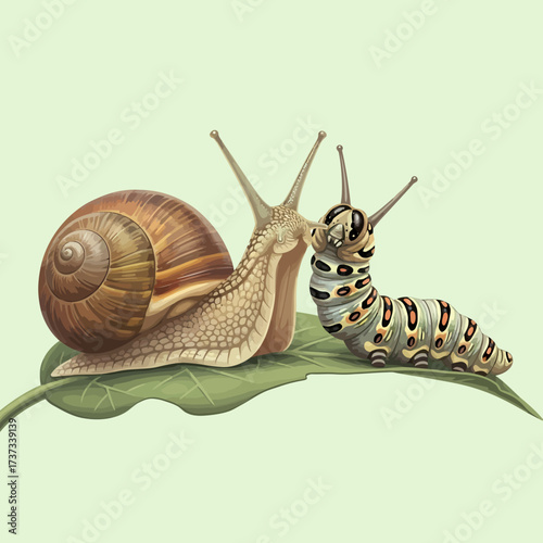 Illustration of a snail and a caterpillar on a leaf.