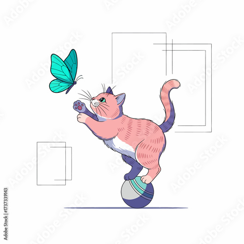 A playful pink and white striped kitten balances on a ball while reaching for a turquoise butterfly.
