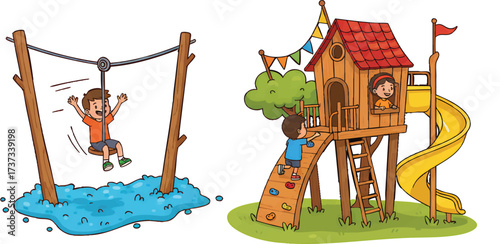 Children playing on a playground with a zipline and treehouse with slide on a sunny day, enjoying outdoor activities and having fun together in a playful atmosphere.