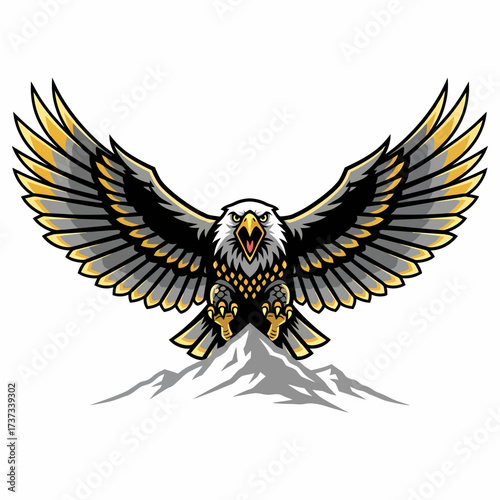 A majestic eagle with golden and grey wings spread wide, landing on a snowy mountain peak.