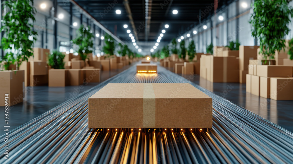 Fototapeta premium Efficient conveyor system transporting packages in modern warehouse environment