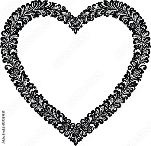Intricate black heart frame with delicate floral swirls perfect for romantic designs and valentines silhouette flat design vector illustration white background