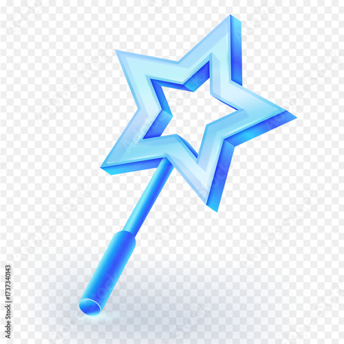 Shiny translucent glass blue magic wand with a star shape on a transparent background. Concept for fantasy, fairy tales, dreams. 3d vector illustration.