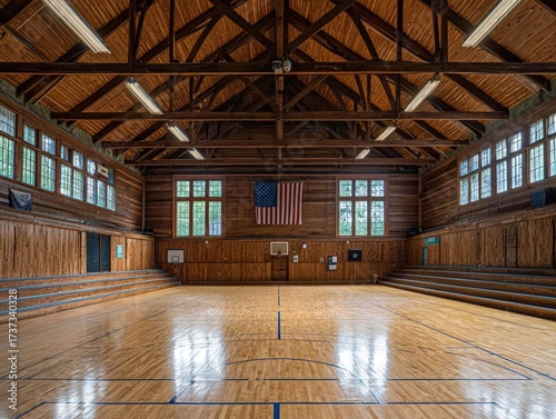Spacious Wooden Gymnasium with Bright Windows and American Flag, Exuding Youthful Energy and Competitive Spirit