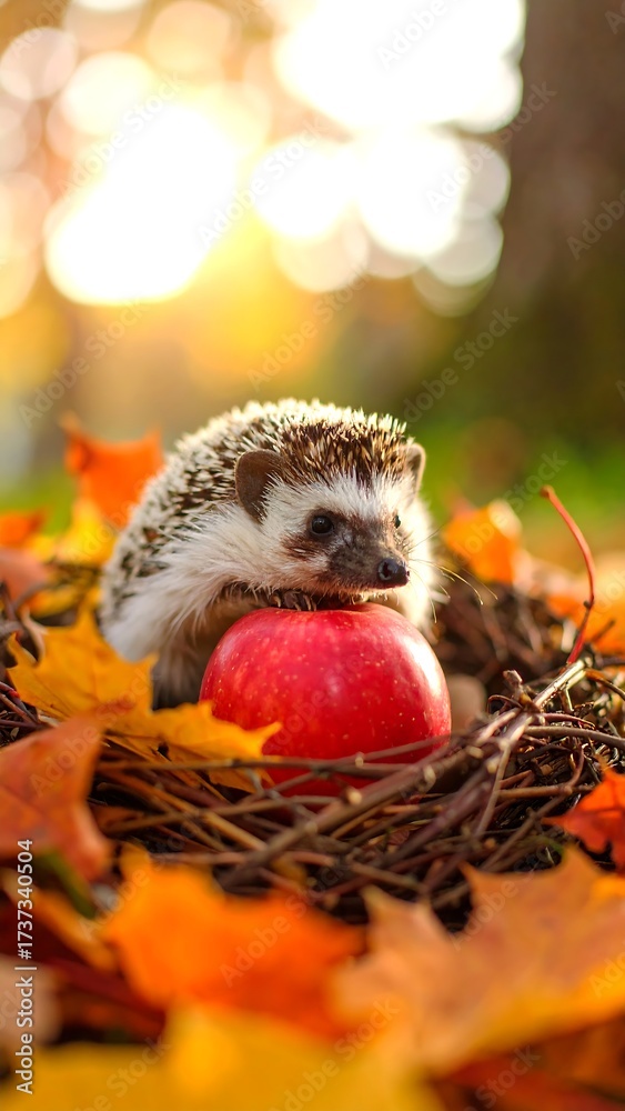 Obraz premium Hedgehog with apple