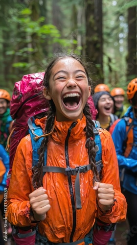 Young Students Enjoying Nature Adventure in Rainy Forest, Demonstrating Joy and Camaraderie Amidst Lush Greenery