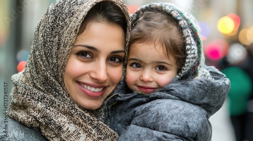 Warm Embrace Between Beautiful Young Middle Eastern Mother and Child in Urban Setting