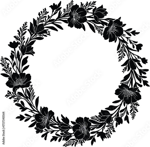 Elegant black floral wreath design for decorative projects and celebrations silhouette flat design vector illustration white background