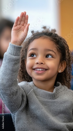 Enthusiastic Black Girl Raises Hand in Classroom to Participate in Lesson with Bright Smile and Engaging Attitude