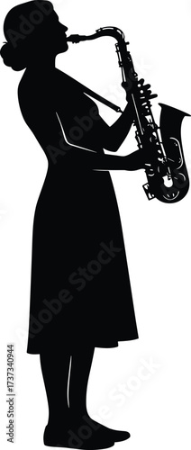 Silhouette, person, saxophone, music, performance, musician, black, vector, icon, minimal, dress, standing, play, art, culture, sound, female, jazz, illustration, entertainment