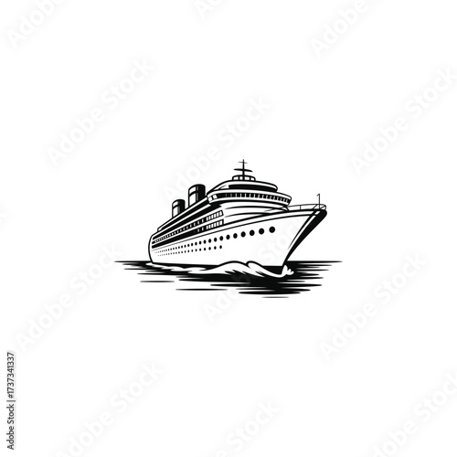 Black and white sketch of a large cruise ship sailing on the ocean