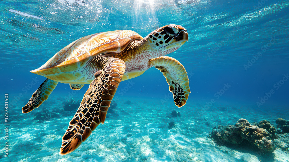 Obraz premium Graceful sea turtle swimming through clear blue ocean waters, showcasing vibrant colors