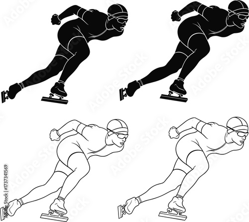 Silhouette, speed skater, motion, ice, sport, athlete, winter, helmet, goggles, suit, vector, icon, black, minimal, outline, dynamic, racing, skating, performance, illustration
