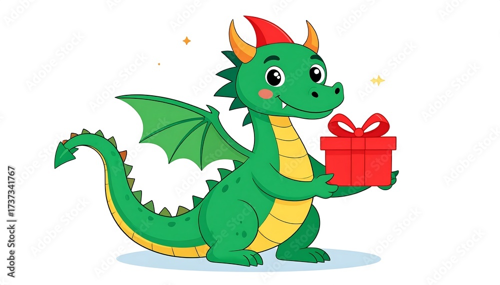 Fototapeta premium Cute green dragon with a red gift