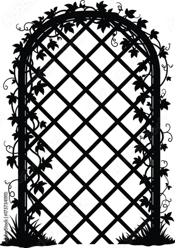 Arbored garden trellis silhouette with climbing vines and lush greenery silhouette flat design vector illustration white background