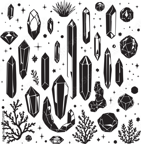 Black and white vector illustration of crystals, gemstones, and minerals with stars, sparkles, and plants