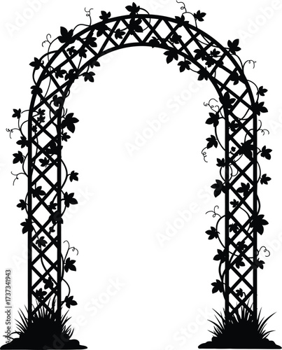 Intricate silhouette of a floral garden archway with climbing vines and grass accents silhouette flat design vector illustration white background