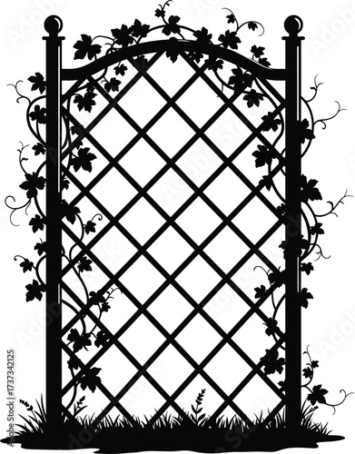 Decorative garden trellis archway with climbing vines and greenery for outdoor spaces silhouette flat design vector illustration white background