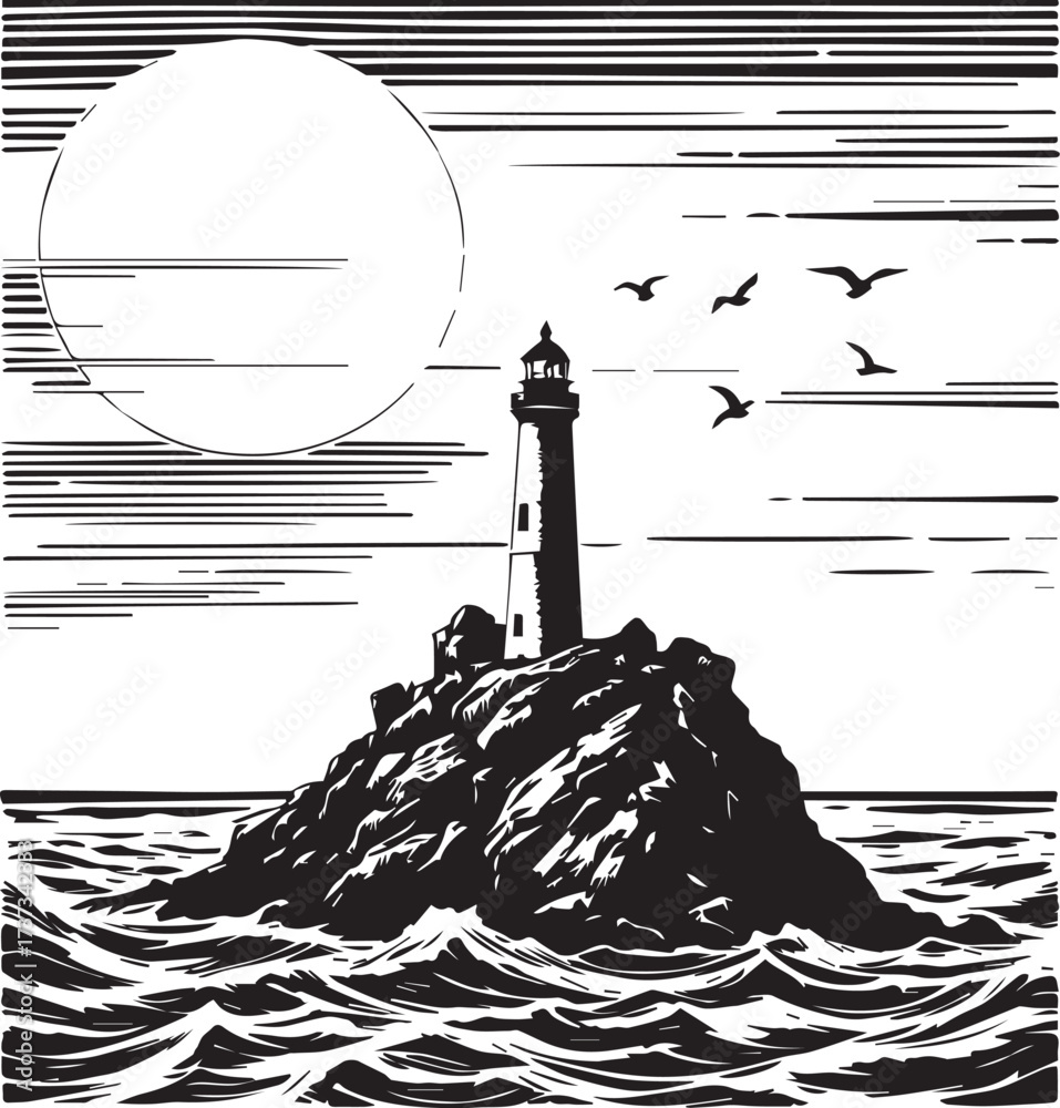 Fototapeta premium Black and white lighthouse illustration on rocky island with ocean waves birds and dramatic sky scene
