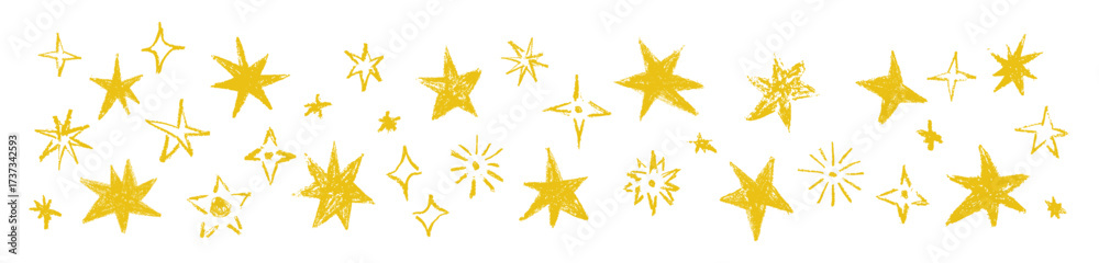 Obraz premium Grunge stars collection with chalk, charcoal texture. Naive hand drawn scribble wax crayons stars. Doodle decorative design elements Vector illustration isolated on transparent background