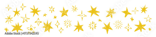 Grunge stars collection with chalk, charcoal texture. Naive hand drawn scribble wax crayons stars. Doodle decorative design elements Vector illustration isolated on transparent background
