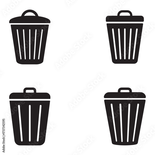 Collection of various trash can icons in silhouette style