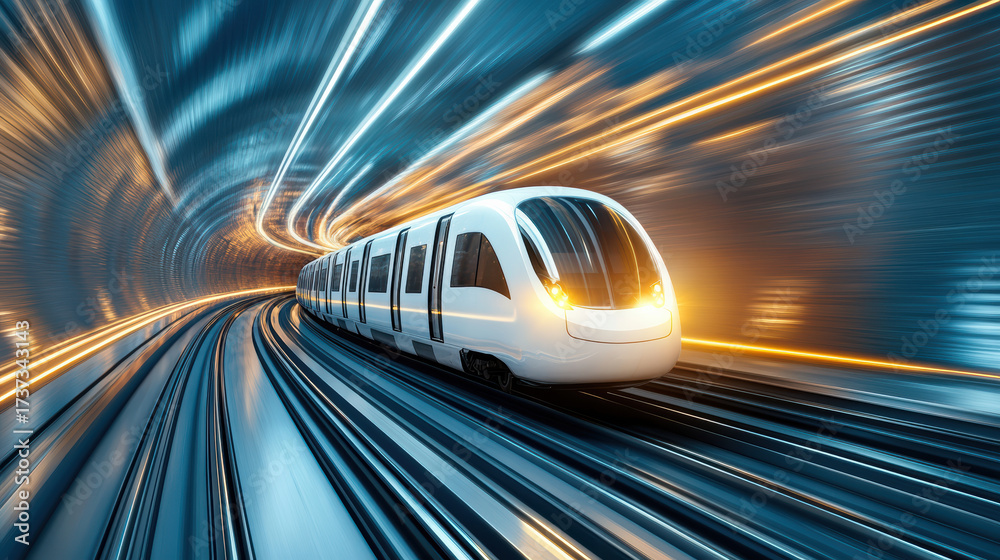Fototapeta premium Futuristic subway train speeding through vibrant underground tunnel, showcasing motion