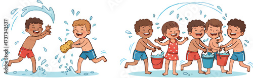 Children playing with water guns and buckets in a summer splash fight, enjoying the cool water and sunshine on a hot day, full of laughter and joy.